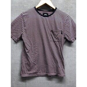 Stussy Unisex Tee Shirt Size M Pink Blue Stripes Short Sleeve